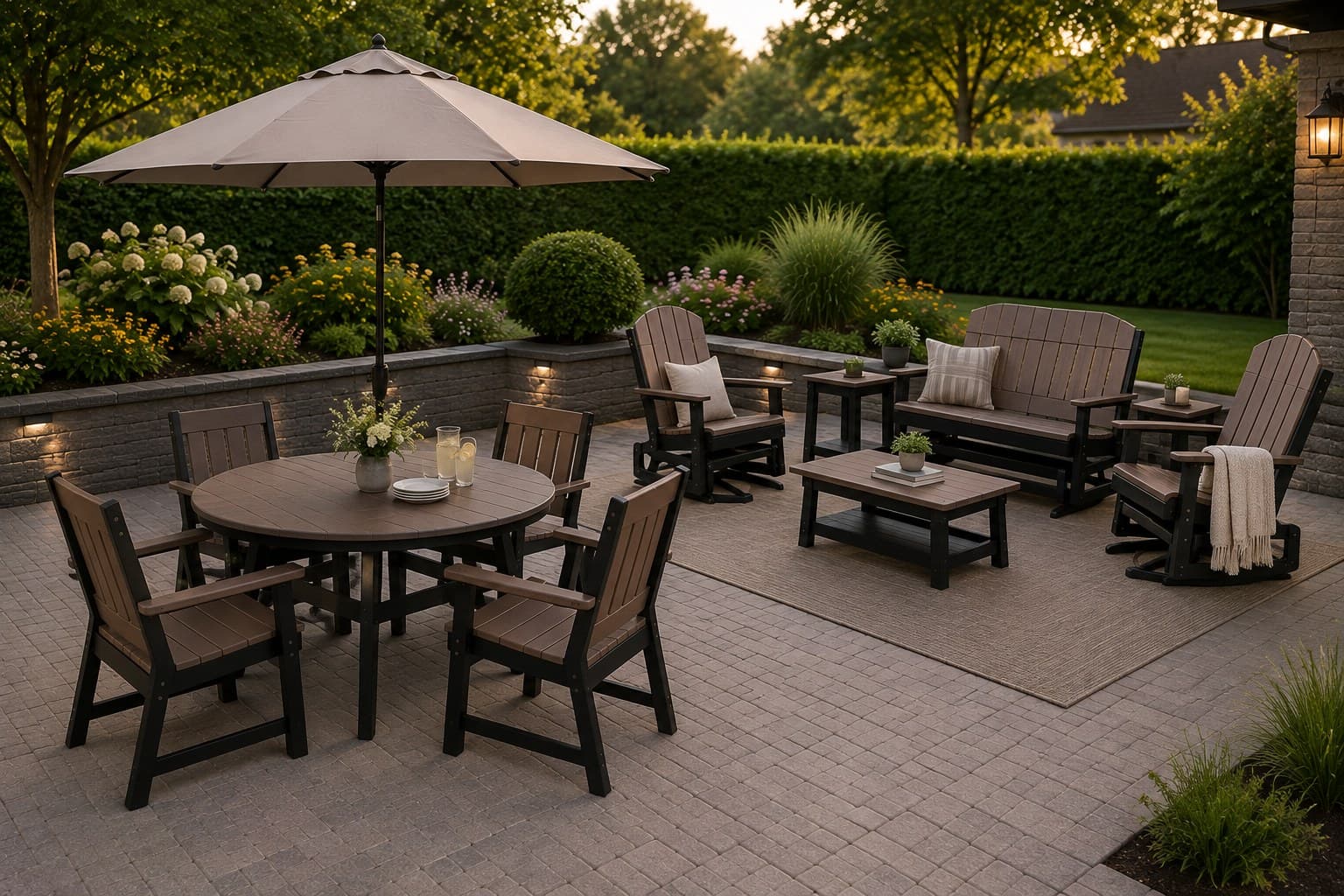 The full Amish Billt poly collection arranged on a backyard patio at dusk
