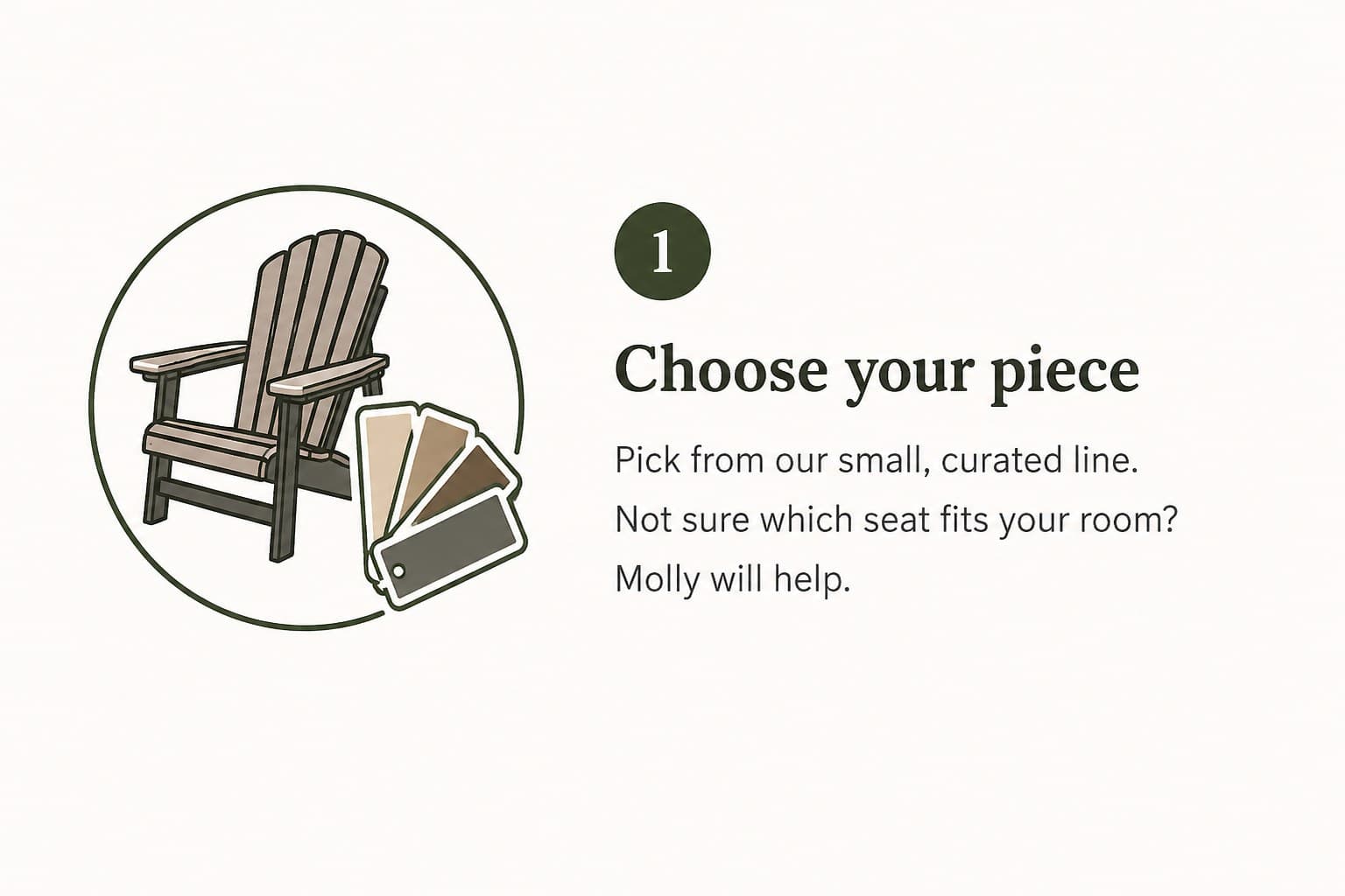 Step 1 — Choose your piece. Pick from our small, curated line. Not sure which seat fits your room? Molly will help.