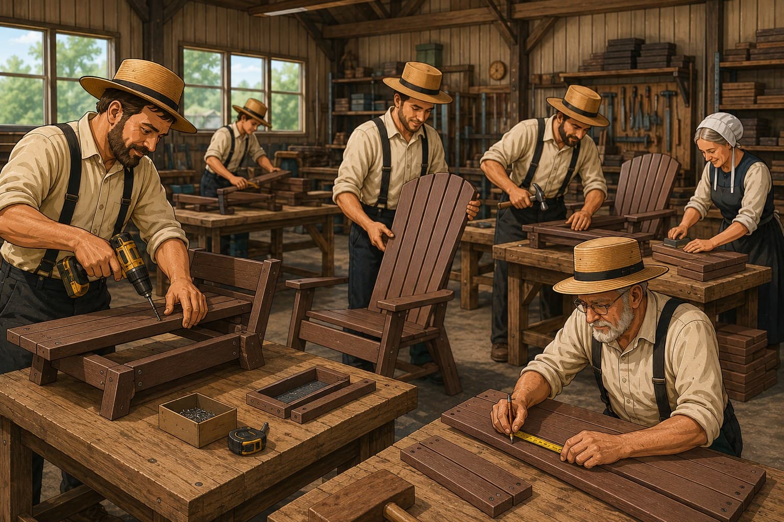 Amish craftsmen building poly furniture in the shop